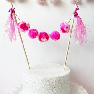 Pink Pom Pom Cake topper, Birthday Cake Topper for Girls, Tassel Cake Topper